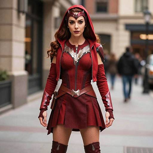 Woman in Scarlet Witch Costume with Red Dress and Hooded Jacket