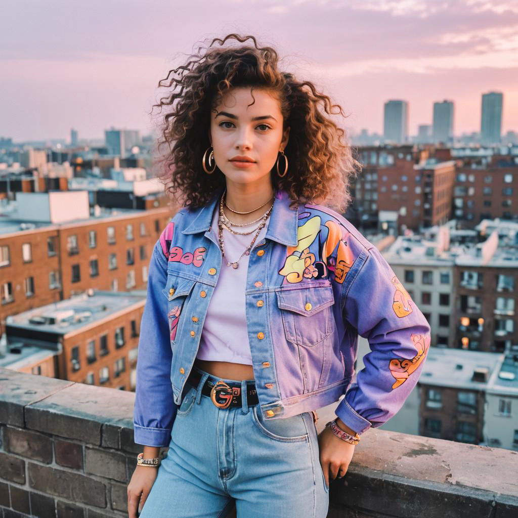 Stylish Young Woman on Rooftop at Sunset