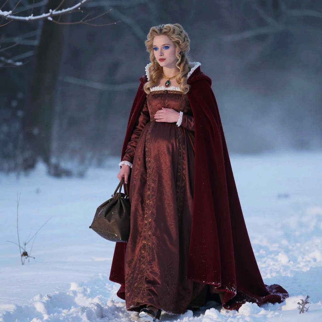 Pregnant Woman in Vintage Burgundy Gown and Cloak in Snowy Forest