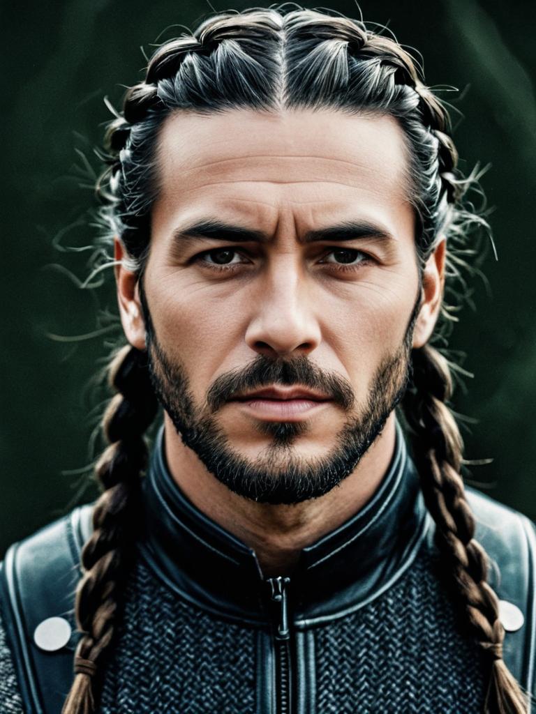 Close-up portrait of a man with braided hair and beard