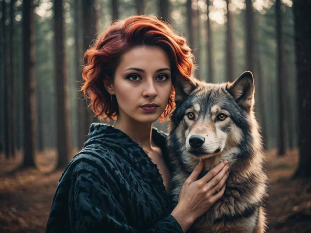 Woman with Red Hair and Wolf in Cinematic Forest