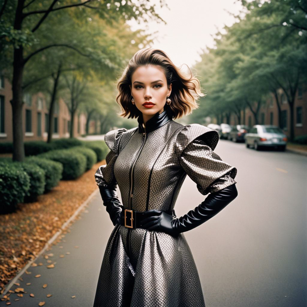 Confident Woman in Metallic Dress with Puffed Sleeves