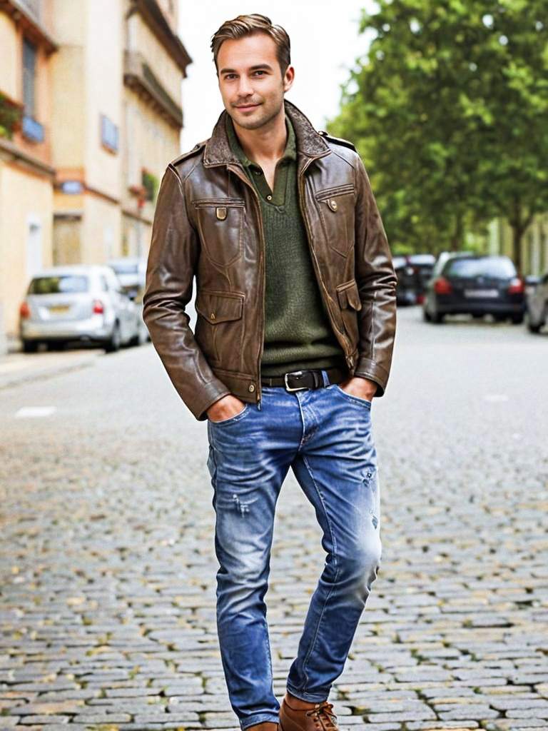 Stylish Young Man in Leather Jacket on Cobblestone Street