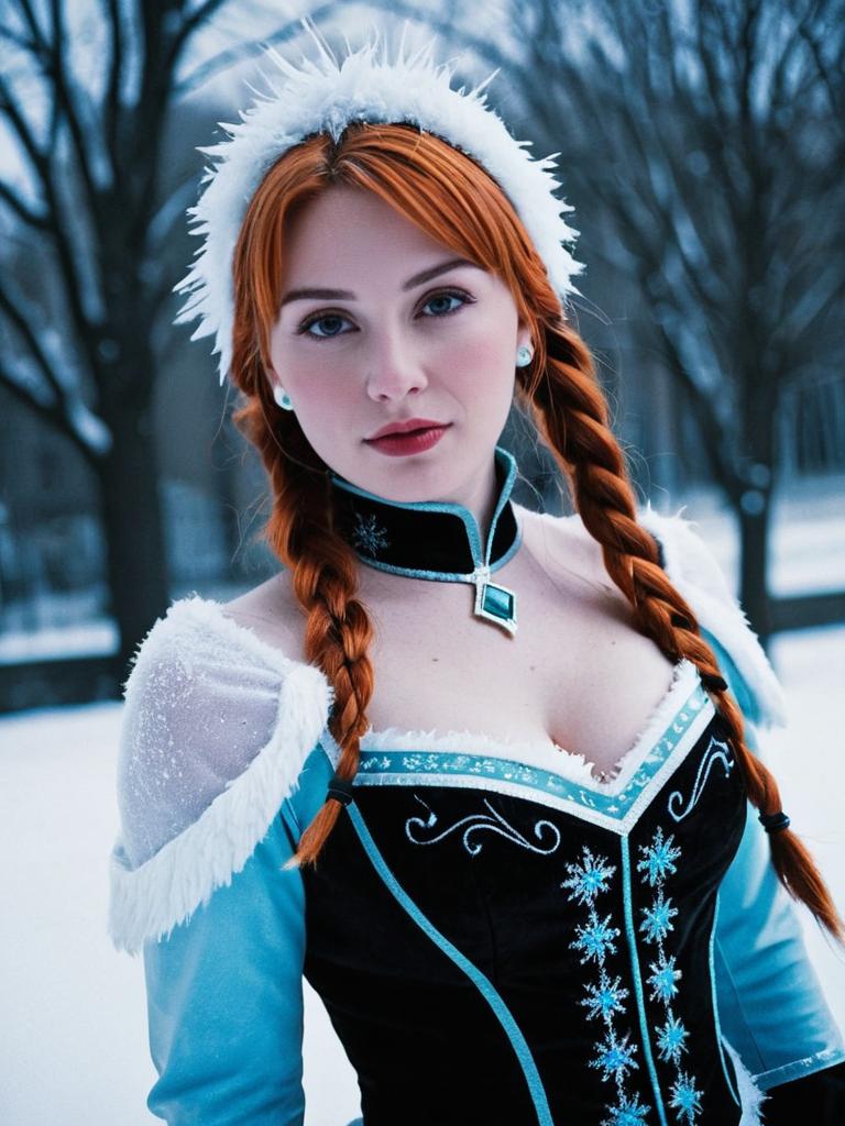 Woman in Anna Frozen Costume with Braids Winter Outdoor Portrait