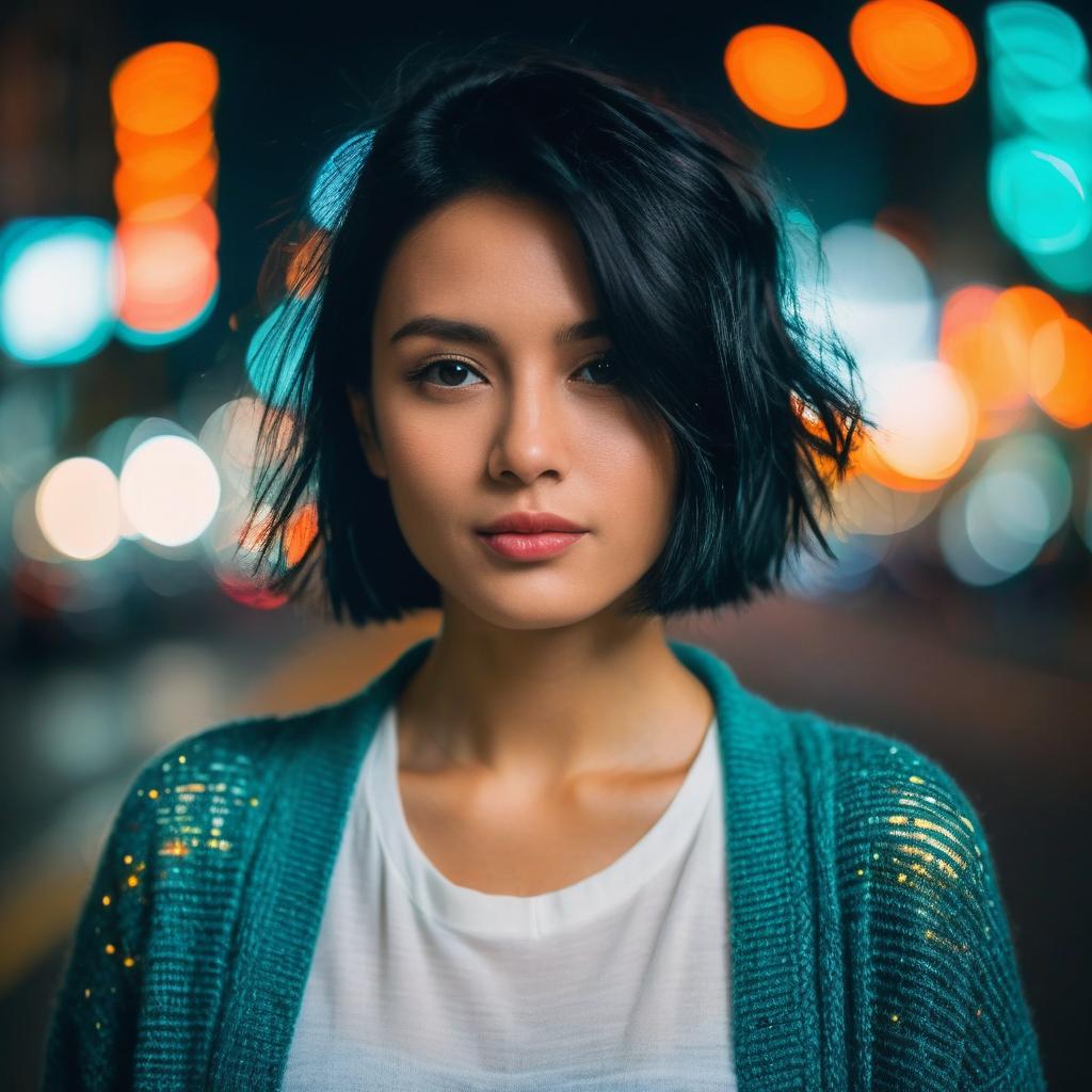 Portrait of Woman with Short Hair in City Night Bokeh Light