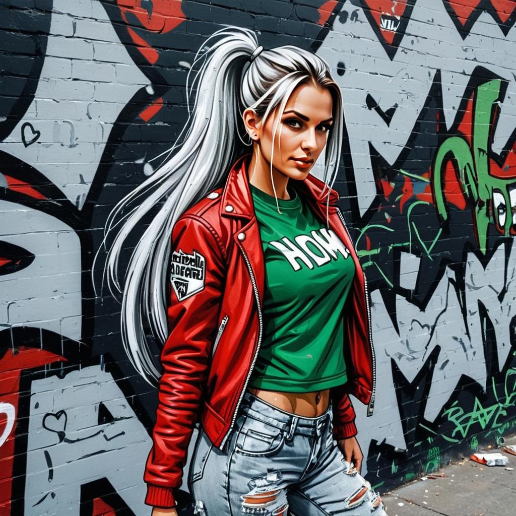Urban Street Style Woman with Silver Hair in Red Leather Jacket