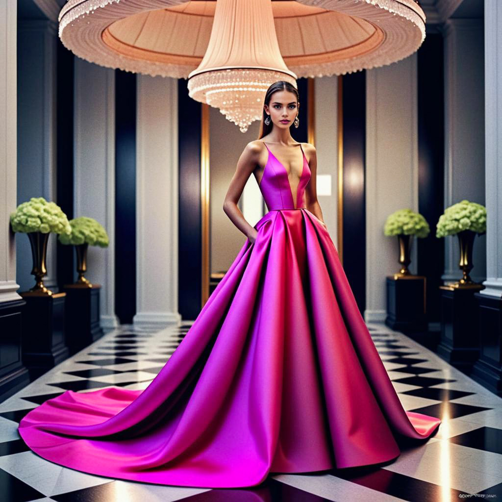 Elegant Woman in Pink Gown with Chandelier