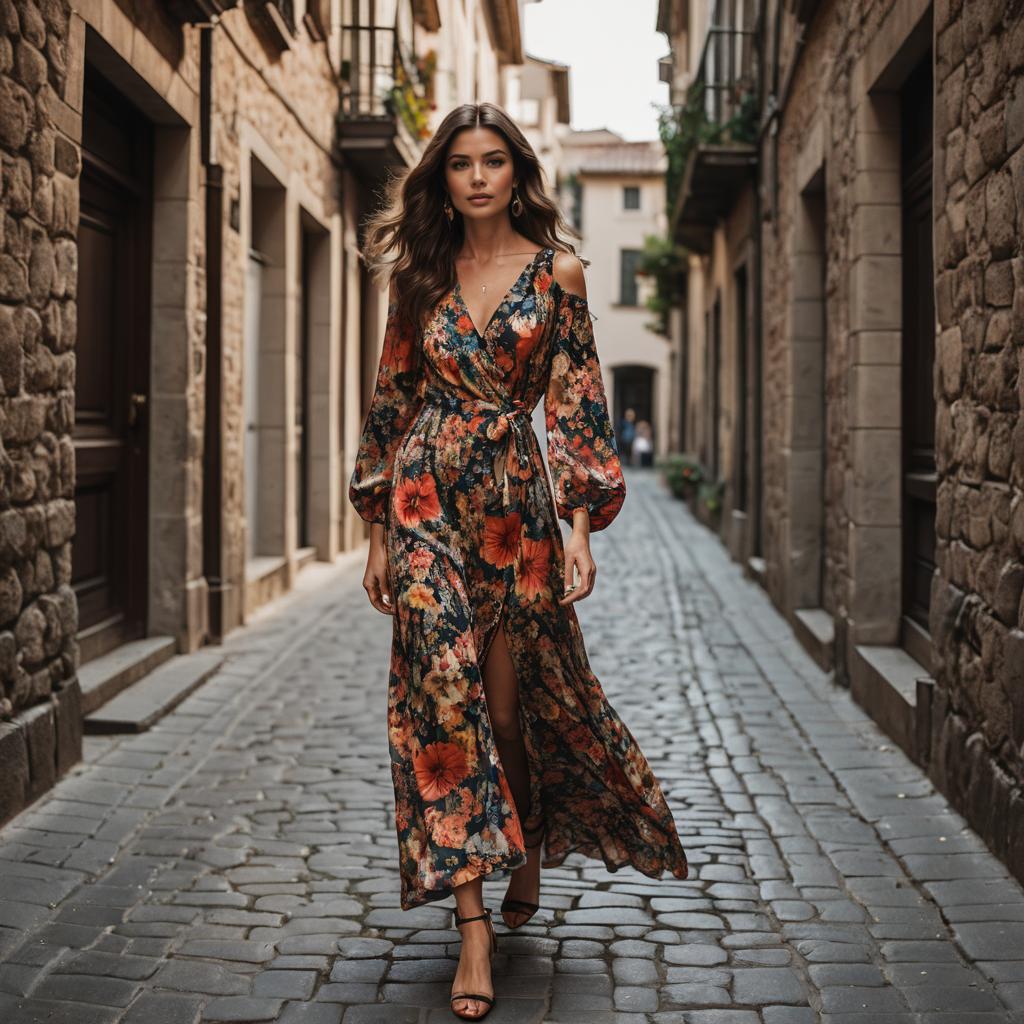Elegant Woman Wearing Floral Dress Walking on Cobblestone Street