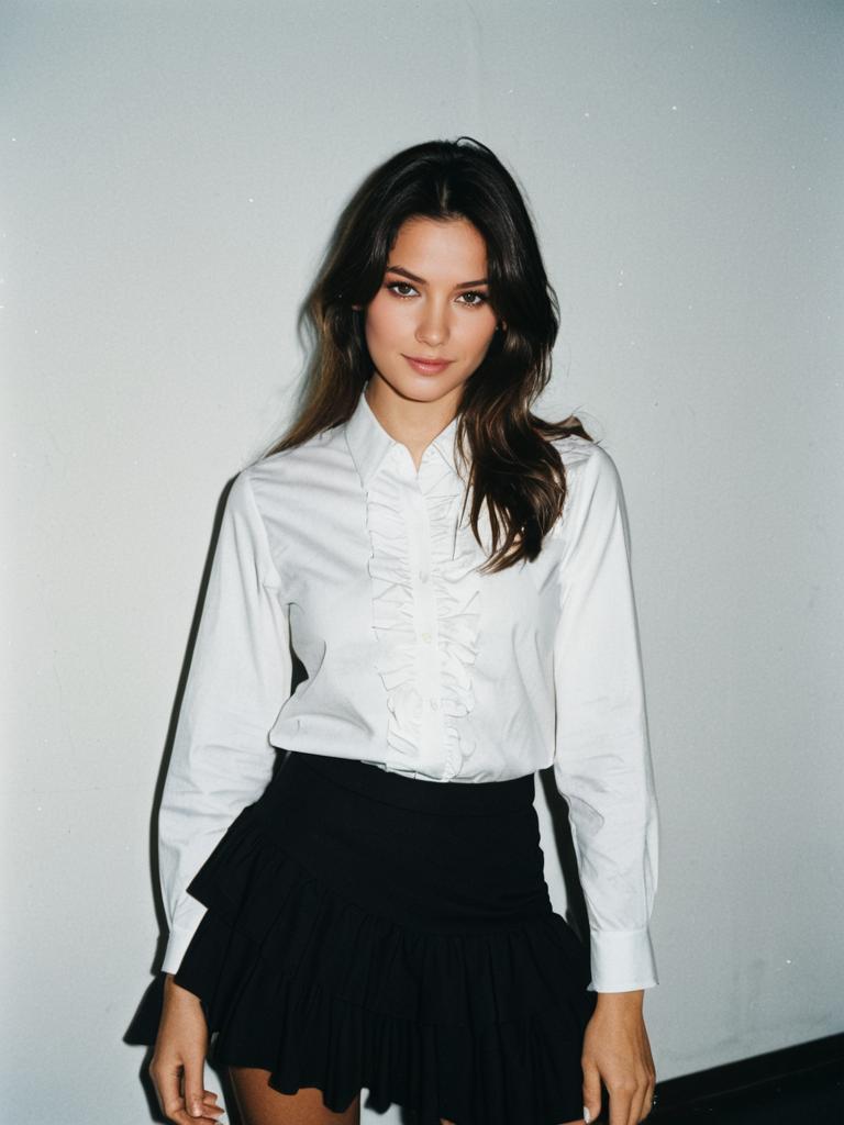 Confident Young Woman in White Ruffled Blouse and Black Layered Skirt