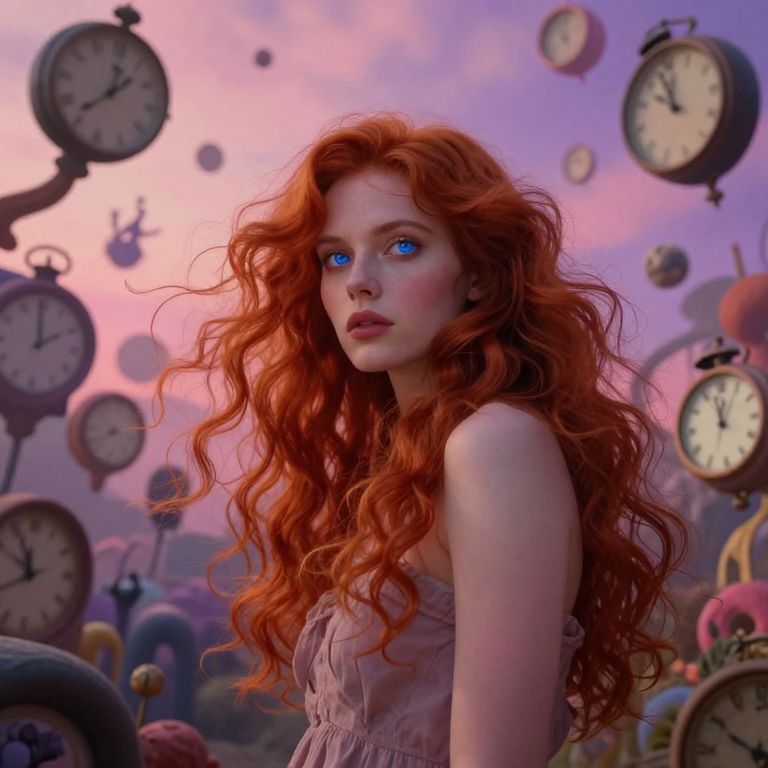 Surreal Portrait of Red-Haired Woman with Floating Clocks
