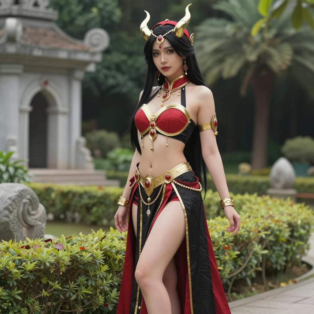 Fantasy Warrior Woman in Red and Gold Costume with Horned Headgear in Garden