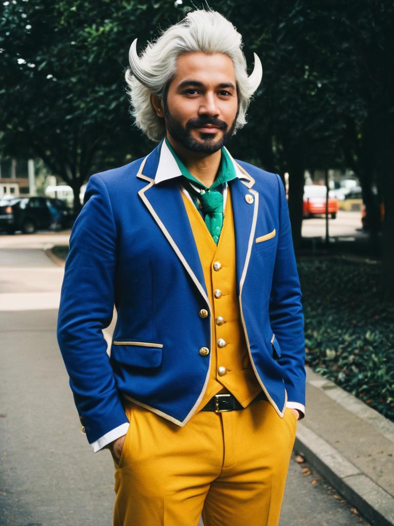 Man in Realistic Nigel Uno Cosplay Costume with Blue Blazer and Mustard Trousers