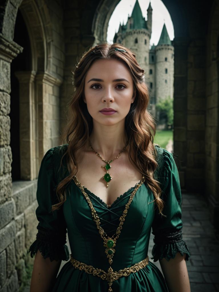 Young Woman in Green Medieval Dress with Castle Backdrop