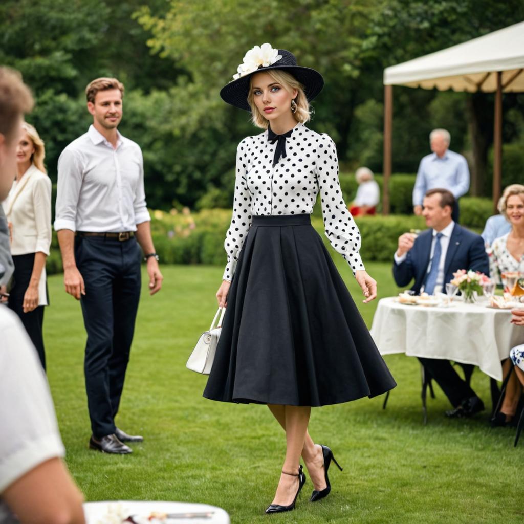 Vintage-Inspired Woman in Polka Dot Top and A-Line Skirt