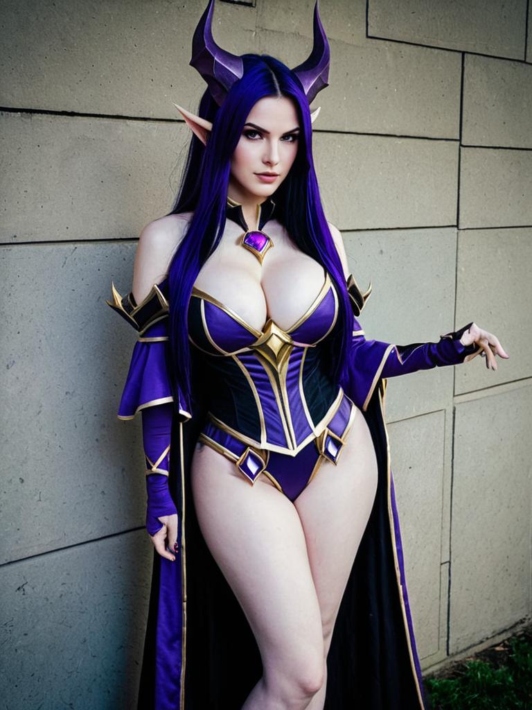 Realistic Morgana League of Legends Cosplay Woman in Purple Armor