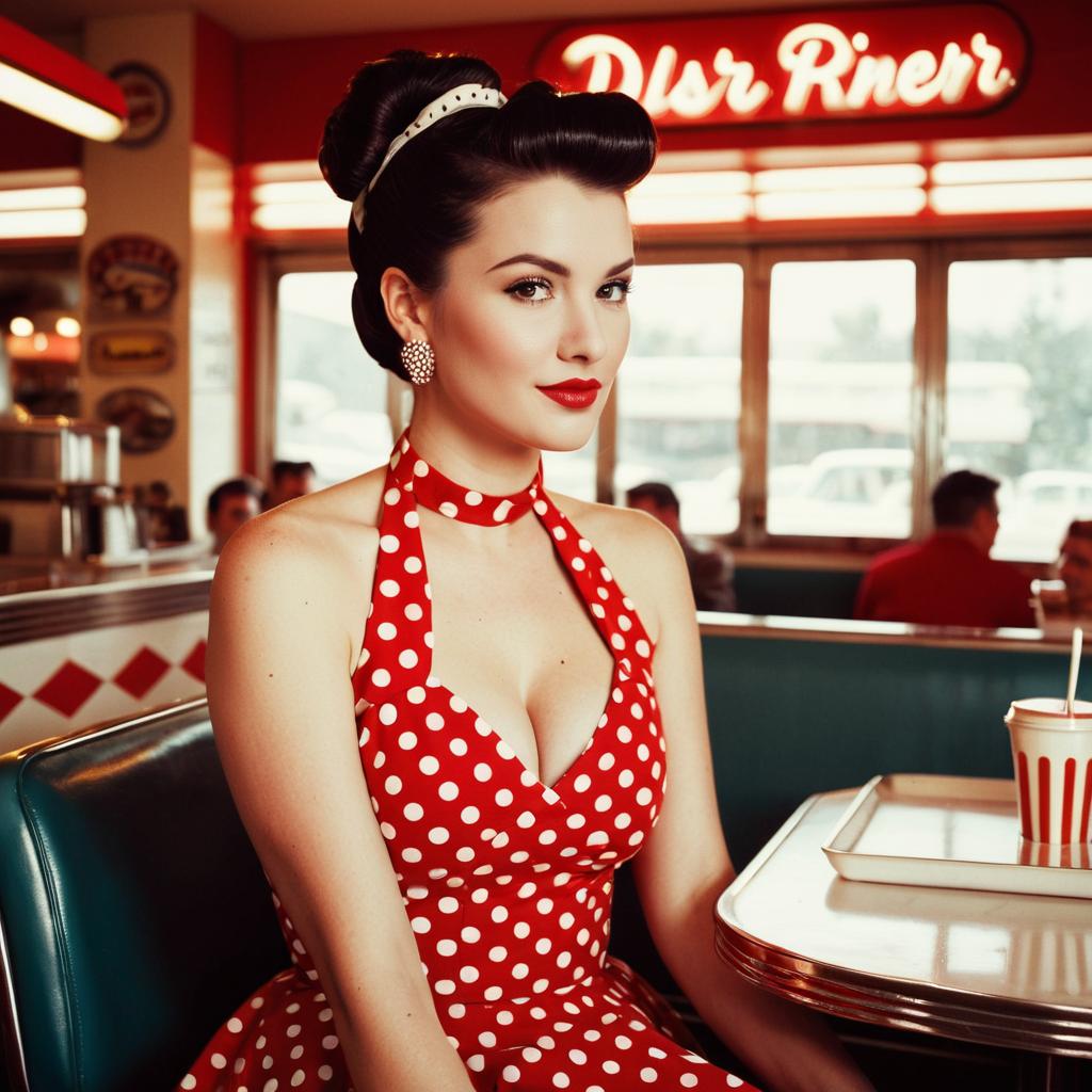 Vintage 1950s Woman in Red Polka Dot Dress at Classic American Diner