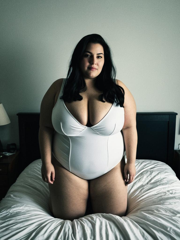 Plus Size Woman in White Bedroom Costume on Bed