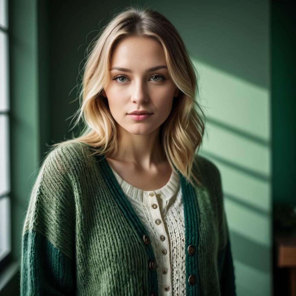 Portrait of Young Blonde Woman in Green Cardigan Against Green Wall