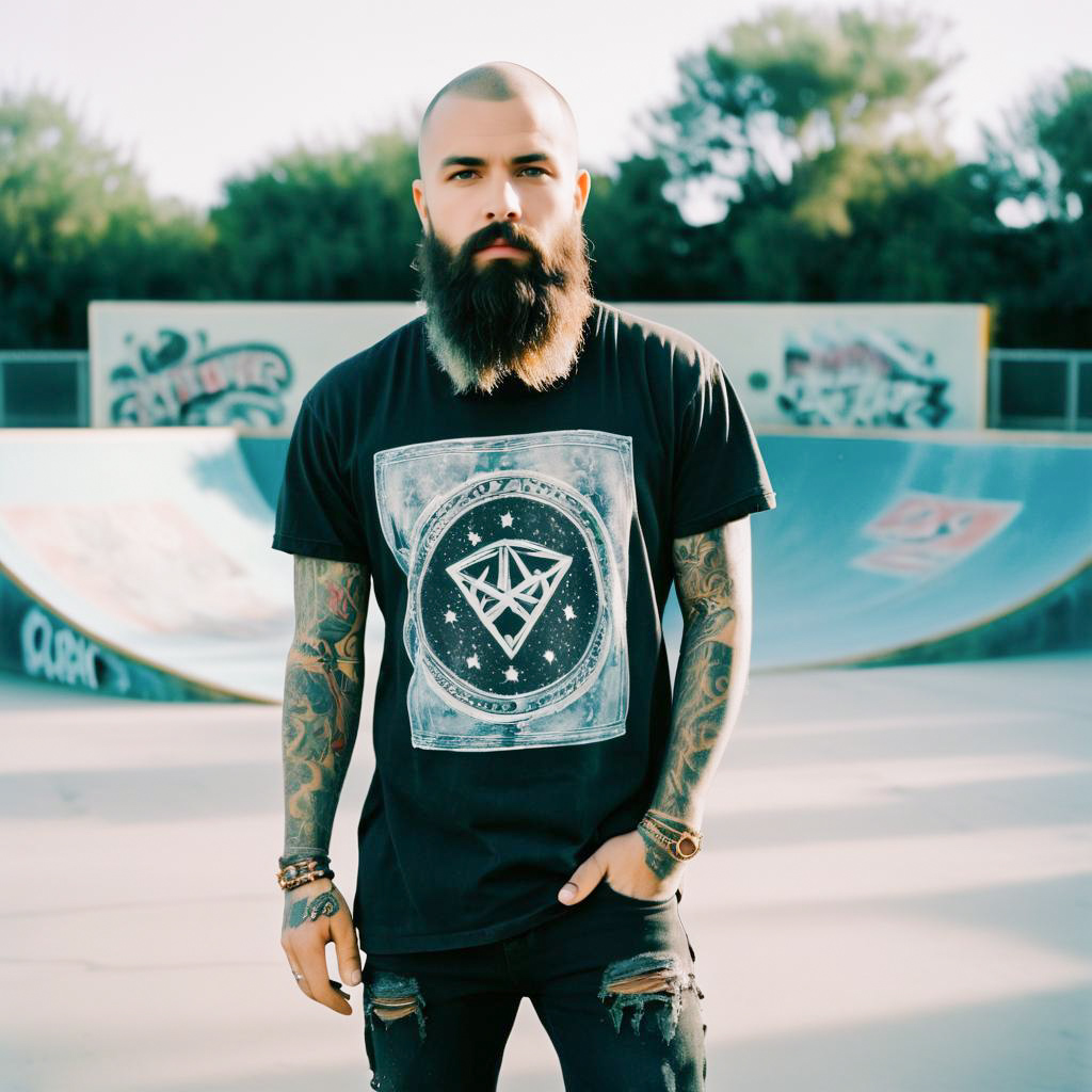 Confident Bearded Man at Skatepark with Tattoos