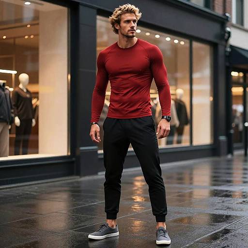 Young Man in Red Athletic Shirt and Black Jogger Pants on Urban Street