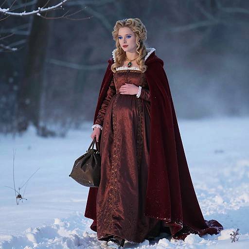 Pregnant Woman in Vintage Burgundy Gown and Cloak in Snowy Forest