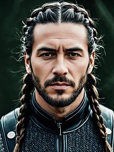 Close-up portrait of a man with braided hair and beard