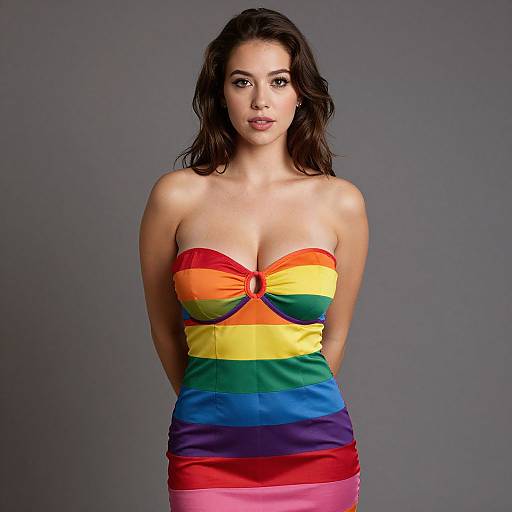 Young Woman Wearing Rainbow Pride Strapless Dress on Gray Background