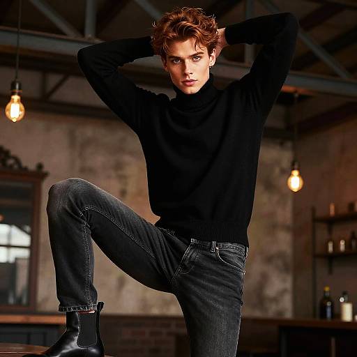 Trendy Young Man in Black Turtleneck and Jeans in Urban Loft - Gen Z Style