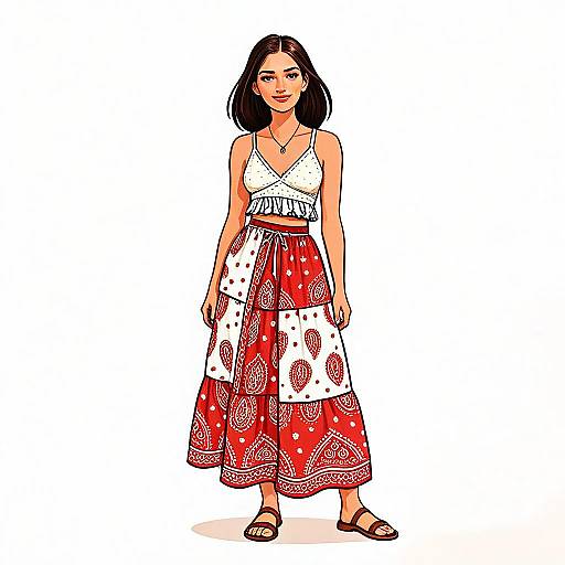 Bohemian Style Woman in Red and White Patchwork Skirt Illustration