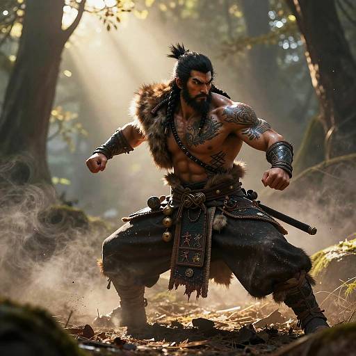 Warrior Man in Tribal Attire Fighting Stance in Misty Forest