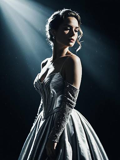Elegant Woman in Silver Gown Cinematic Realism Dramatic Portrait