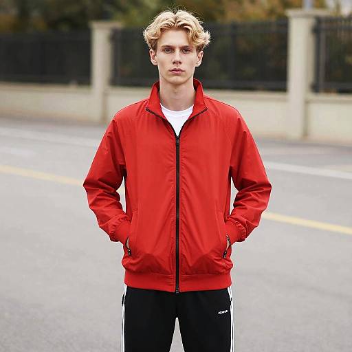 Young Man Wearing Red Jacket and Black Joggers in Gen Z Urban Style