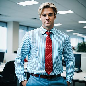 Young Man in Blue Striped Shirt and Red Tie in Modern Office