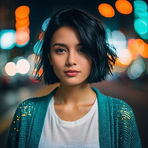 Portrait of Woman with Short Hair in City Night Bokeh Light