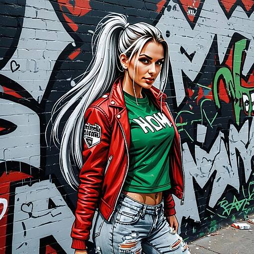Urban Street Style Woman with Silver Hair in Red Leather Jacket