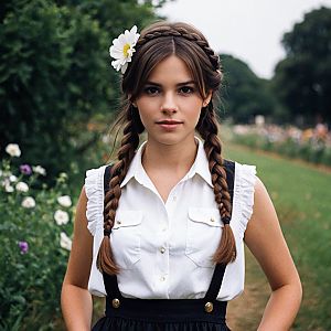 Young Woman in Garden with Braided Hair and Floral Accents