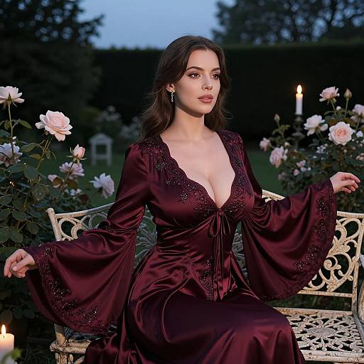 Elegant Woman in Burgundy Satin Gown Sitting in Romantic Rose Garden