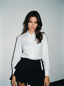 Confident Young Woman in White Ruffled Blouse and Black Layered Skirt