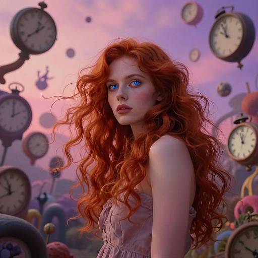Surreal Portrait of Red-Haired Woman with Floating Clocks