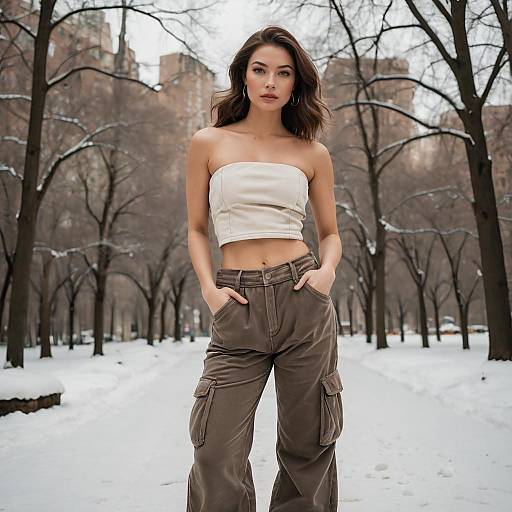 Woman in Strapless Crop Top and Cargo Pants in Snowy Urban Park
