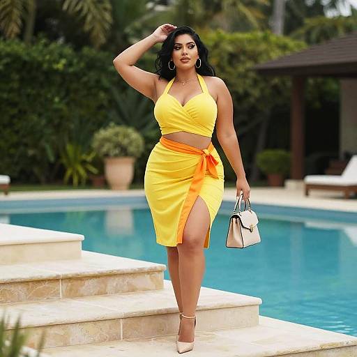 Woman in Vibrant Yellow Halter Top and Skirt by Poolside