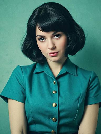 Retro Style Woman in Teal Buttoned Dress Vintage Portrait