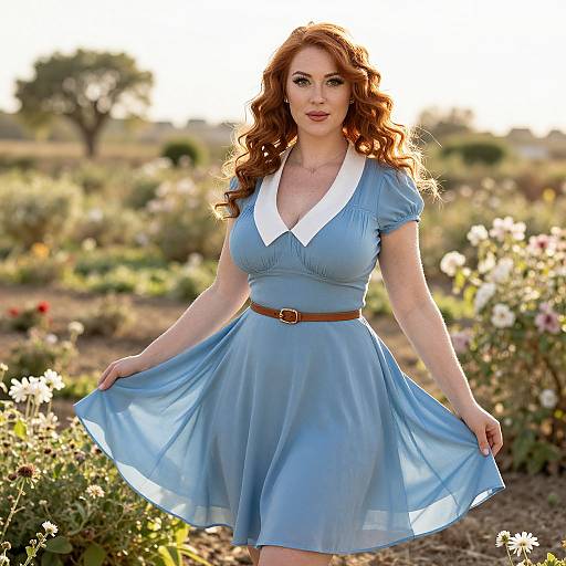 Red-Haired Woman in Vintage Blue Dress in Flower Garden