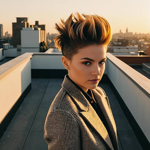 Confident Woman with Stylish Short Hair on Rooftop at Sunset
