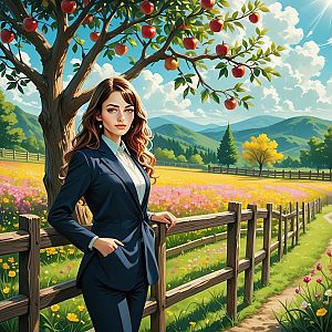 Confident Woman in Navy Suit by Apple Tree