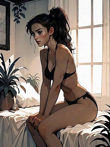 Digital Art of Contemplative Woman in Black Lingerie Sitting on Bed