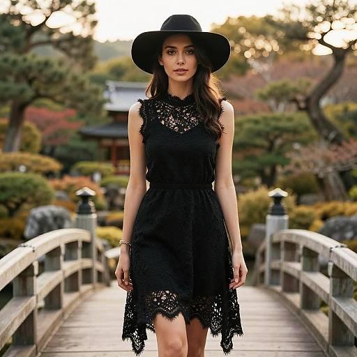 Woman in Boho Chic Sleeveless Black Lace Dress with High Neck and Wide-brimmed Hat on Bridge