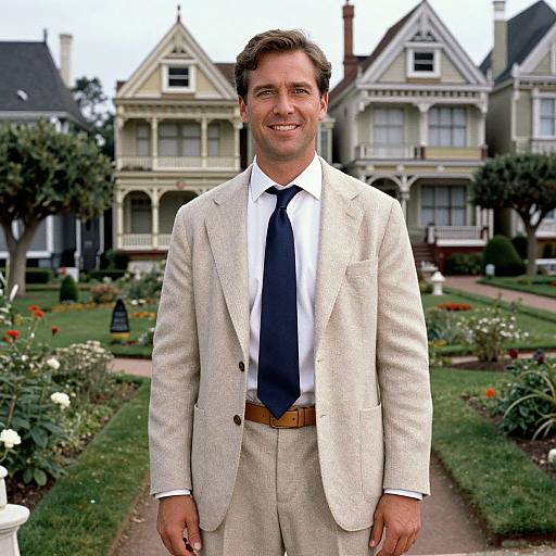 Man in Beige Suit Smiling in Front of Victorian Houses