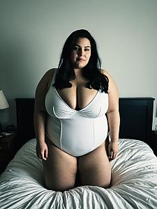 Plus Size Woman in White Bedroom Costume on Bed