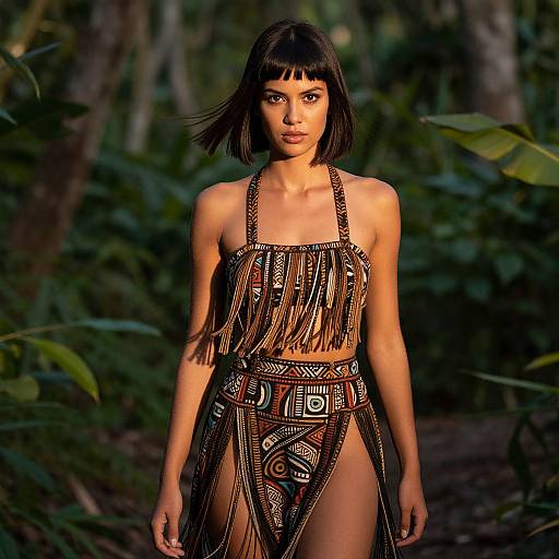 Woman Wearing Tribal-Inspired Fringe Two-Piece Outfit in Tropical Forest
